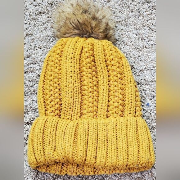 C.C Mustard Yellow Cableknit Beanie Hat - Picture 2 of 3
